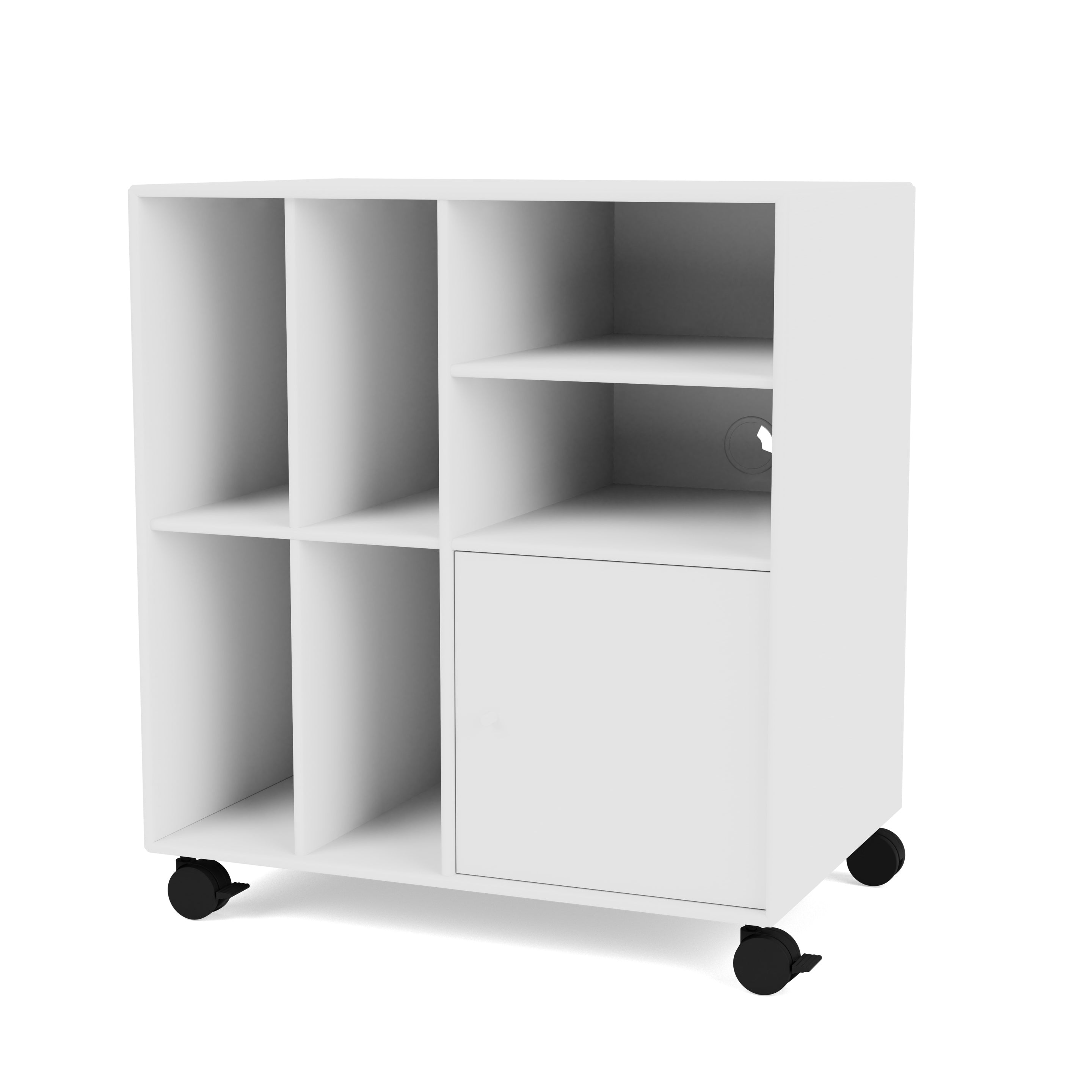 Montana SPIN II reol til vinyler i New White med hjul
