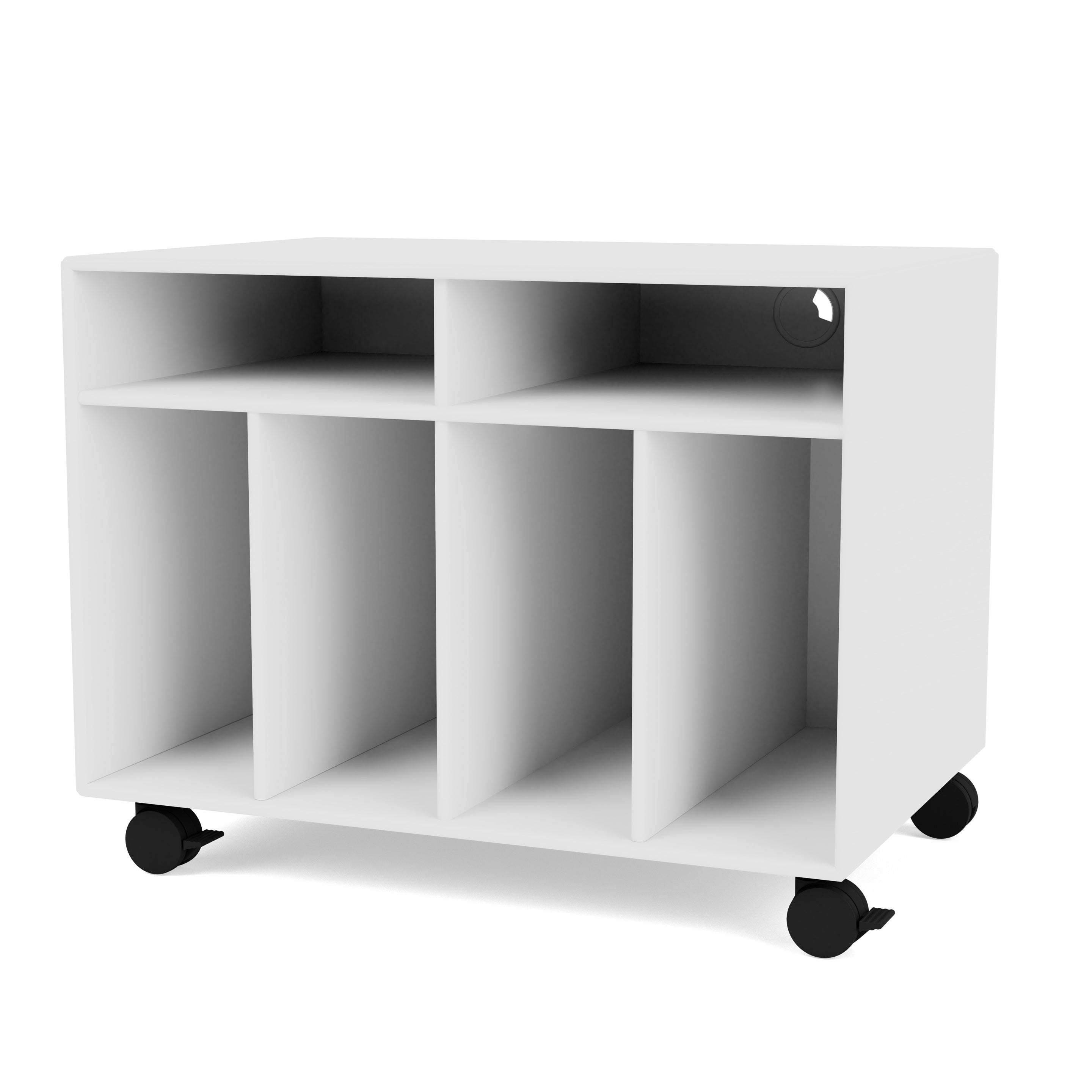 Montana SPIN I reol til vinyler i New White med hjul