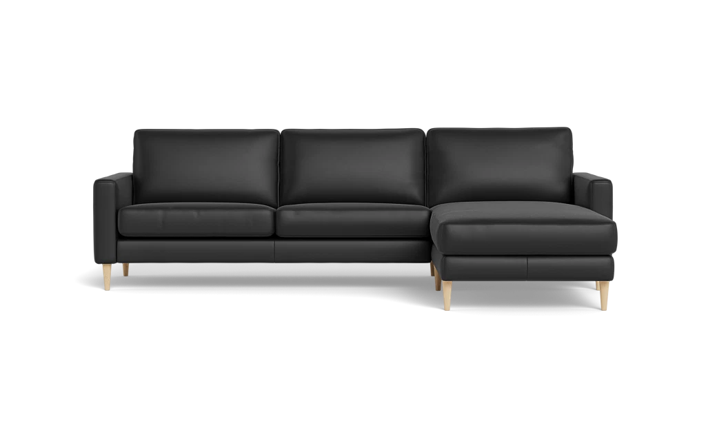 Symfoni sofa med chaiselong - Smalt armlæn - Semianilin/spalt læder - Black - Højrevendt