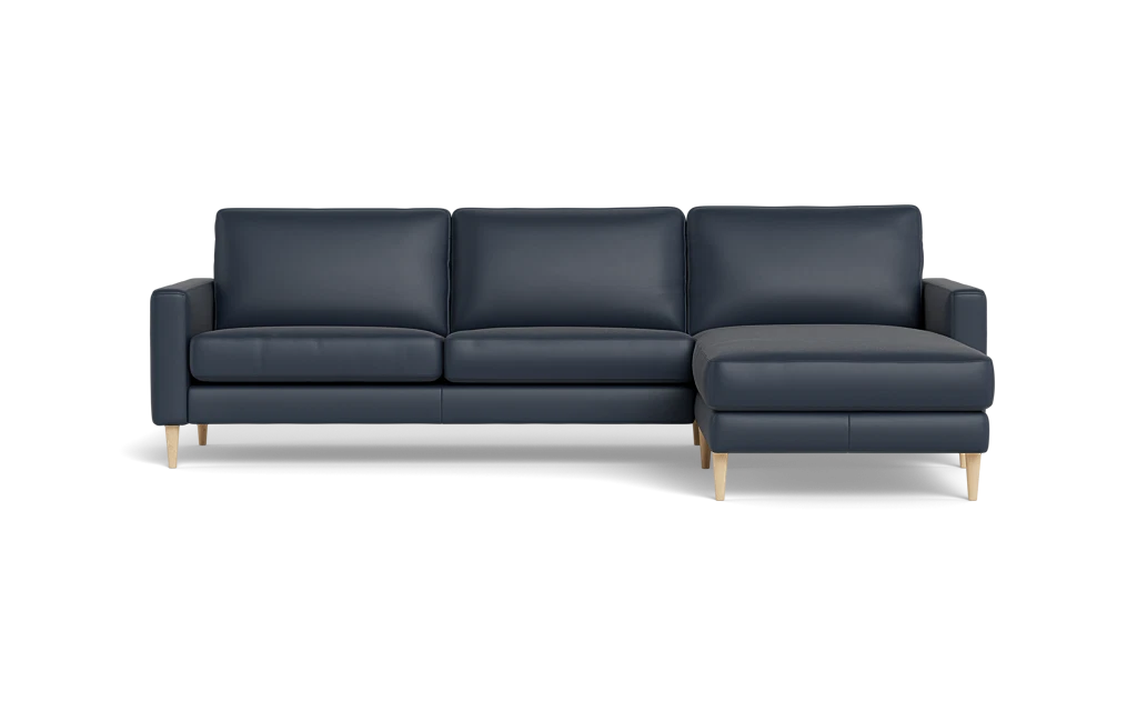 Symfoni sofa med chaiselong - Smalt armlæn - Semianilin/spalt læder - Blue - Højrevendt