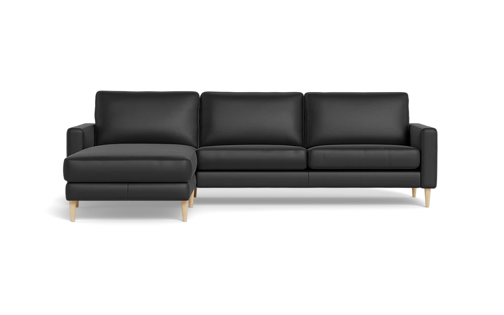 Symfoni sofa med chaiselong - Smalt armlæn - Semianilin/spalt læder - Black - Venstrevendt