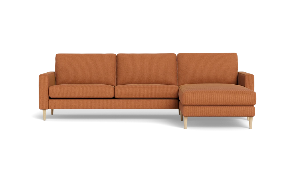Symfoni sofa med chaiselong - Smalt armlæn - Rebel stof - Cognac - Højrevendt