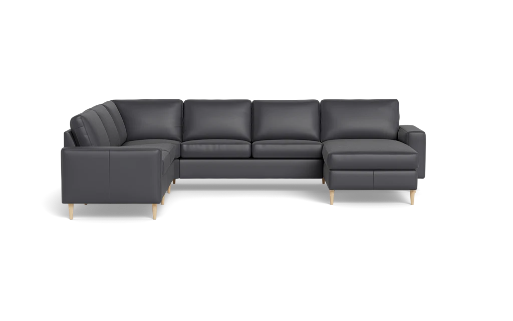 Symfoni 2019 hjørnesofa med chaiselong - bredt lige armlæn - Semianilin/spalt læder - Anthracite - Venstrevendt