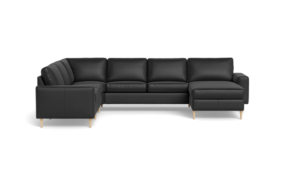Symfoni 2019 hjørnesofa med chaiselong - bredt lige armlæn - Semianilin/spalt læder - Black - Venstrevendt