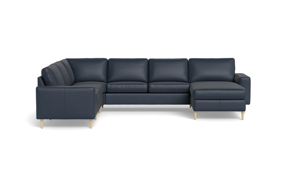 Symfoni 2019 hjørnesofa med chaiselong - bredt lige armlæn - Semianilin/spalt læder - Blue - Venstrevendt