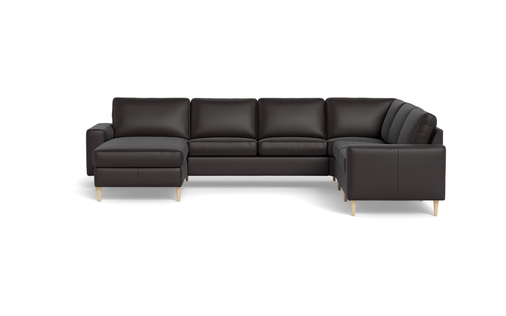 Symfoni 2019 hjørnesofa med chaiselong - bredt lige armlæn - Semianilin/spalt læder - Dark Brown - Højrevendt